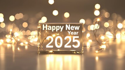 Illuminated 2025 Happy New Year Block with Fairy Lights Festive Holiday Background