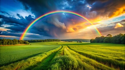 Fototapeta premium Vibrant Triada Rainbow Arch Over Lush Green Field - Candid Nature Photography