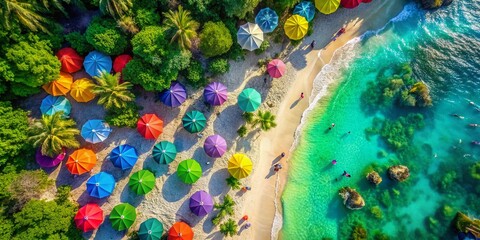Vibrant Tropical Beach Drone Shot: Colorful Umbrellas & Copy Space for Text