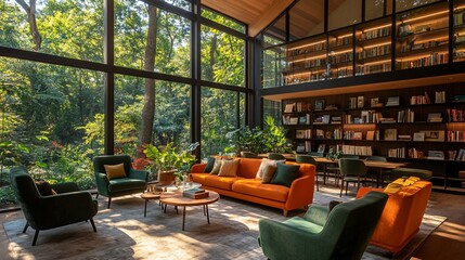 Naklejka premium Modern home library with forest view, ideal for relaxation or study