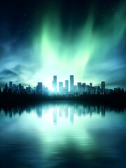 Cityscape at night, aurora borealis, calm lake reflection, peaceful urban scene, perfect for travel or nature documentaries