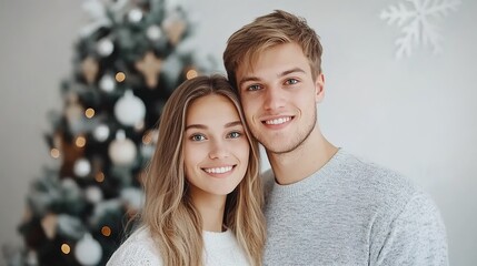 Happy Young Couple Smiling Together in Front of Christmas Tree
