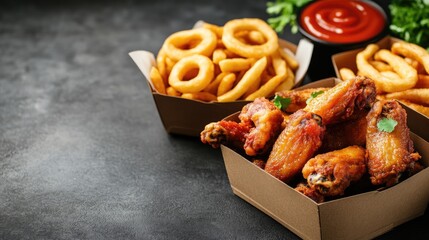 Crispy Fried Chicken Wings with Onion Rings and French Fries