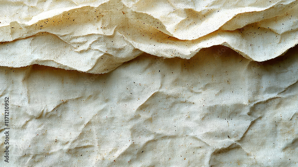 Poster Crumpled linen textured paper background with natural fibers and grain. This eco friendly material showcases soft, neutral tone, perfect for various design projects