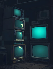 Stack of vintage televisions in a dimly lit room, evoking nostalgia and retro technology. Concept of media history, old technology, and entertainment, graphic novel art, with white tones