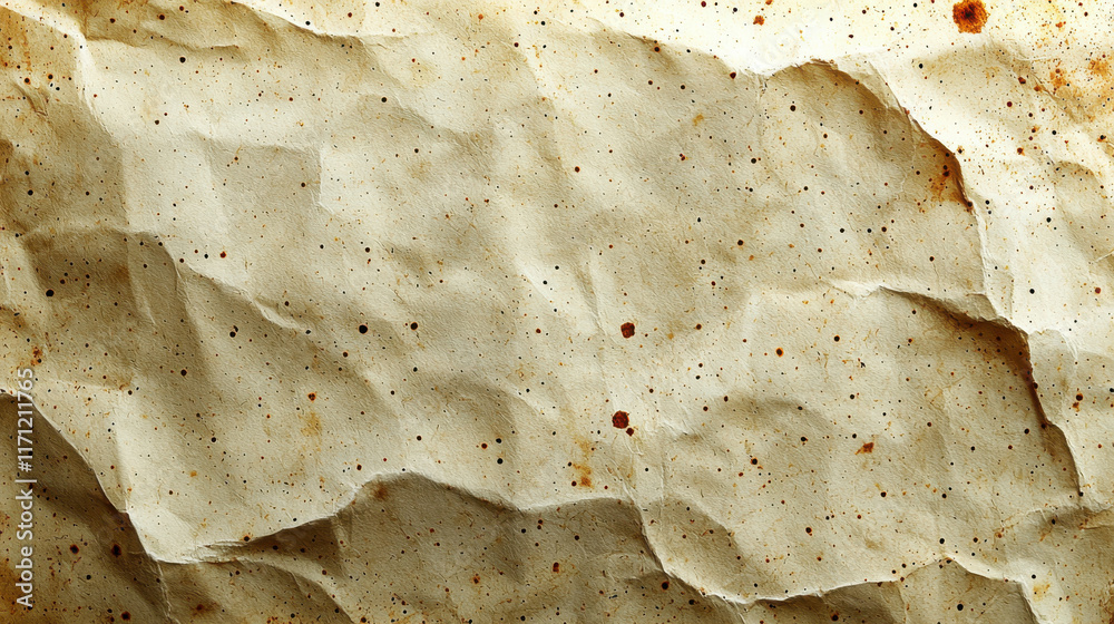 Poster crumpled textured paper with brown speckles and natural grain. ideal for backgrounds or artistic pro