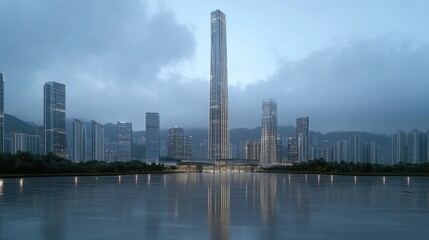 A stunning view of a modern city skyline featuring impressive skyscrapers and a deserted asphalt road beneath a clear blue sky