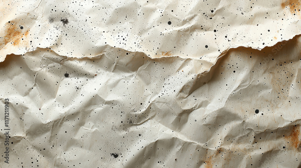 Fototapete Crumpled textured paper with black and brown speckles, ideal for backgrounds or crafts. unique grain adds character and depth to various projects