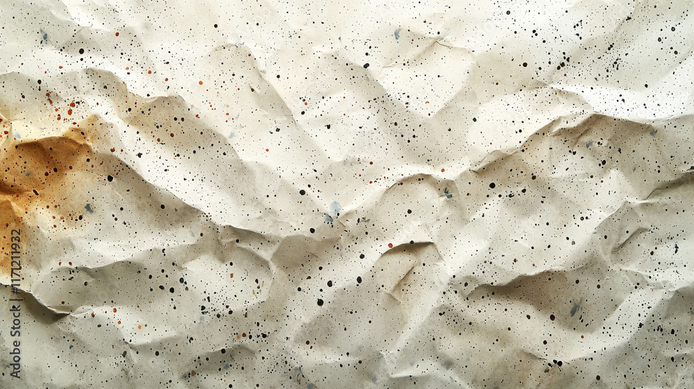 Poster crumpled textured paper with speckles and stains, showcasing unique, artistic background. ideal for 