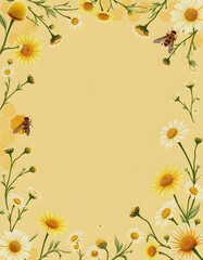 Obraz premium vintage border with honeycombs. seamless pattern, frame with yellow honeycombs and graphic chamomile flowers and bees, Side lit, with white tones