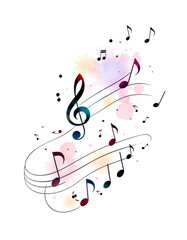 Music notes png watercolor, transparent background, doodle art, with white tones
