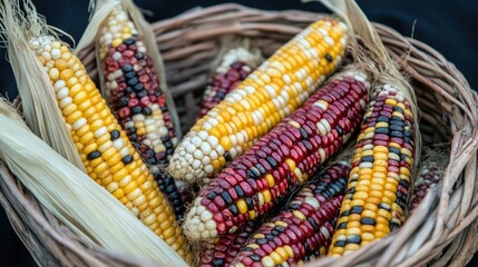 Colorful Corn Ears in a Basket