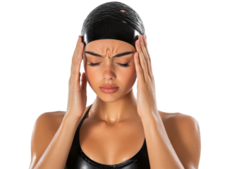 Young female swimmer feeling discomfort in water