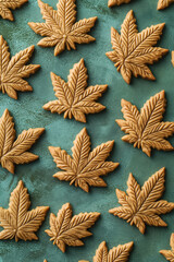 Cannabis leaf shaped cookies on olive textured background. Concept of cannabis integration into dietary supplements and natural wellness products.