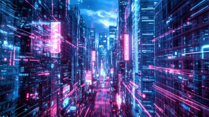 Futuristic cityscape with neon lights and digital effects, evoking a cyberpunk atmosphere.
