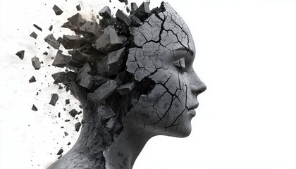 Representation Of Severe Medical Mental Trauma And Cognitive Illness Through A Shattered Human Head And Mind On A White Background.