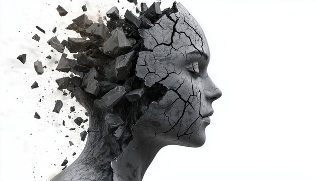 Representation Of Severe Medical Mental Trauma And Cognitive Illness Through A Shattered Human Head And Mind On A White Background.