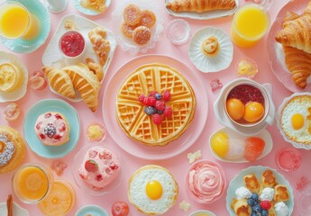Colorful and Delightful Breakfast Spread Featuring Waffles, Croissants, Berries, and Sweet Treats on a Vibrant Pink Background