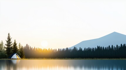 Fototapeta premium Peaceful Setting of a Solitary Tent Beside a Tranquil Lake Surrounded by Majestic Mountains During a Beautiful Sunrise in the Great Outdoors