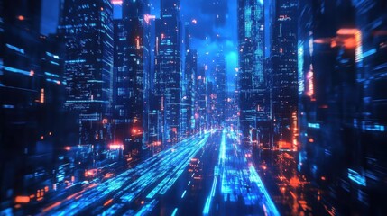 Obraz premium Futuristic cityscape with vibrant neon lights and dynamic motion effects.