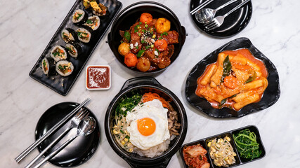 Korean foods served on a dining table