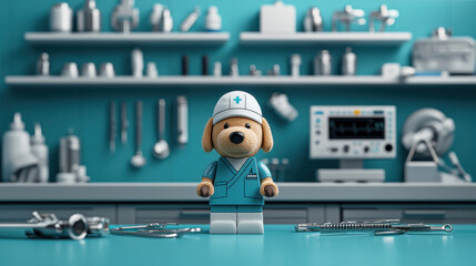 realistic 3D scene of nurse dog plush toy in operating room, surrounded by medical tools and equipment, creating playful yet professional atmosphere