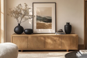 Scandinavian-inspired oak sideboard with black vases, framed art, and round coffee table in elegant living room with warm lighting.