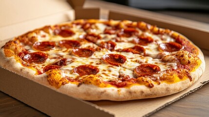 Freshly Baked Pepperoni Pizza in Takeout Box on Wooden Table