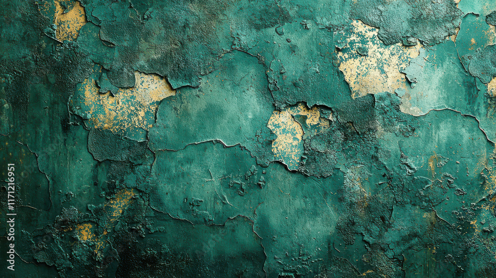 Aufkleber textured wall with peeling paint in shades of teal and gold, showcasing vintage and grunge aesthetic