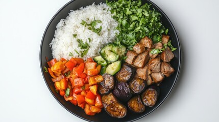 Delicious and Colorful Asian Inspired Rice Bowl with Meat, Vegetables, and Herbs
