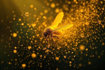 Naklejka premium Honeybee surrounded by golden pollen particles 