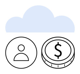 User profile and currency coin beneath a cloud outline emphasize digital finance and cloud-based technologies. Ideal for tech innovation, cybersecurity, online banking, e-commerce, financial