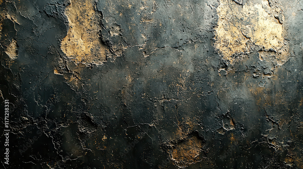 Poster textured wall with vintage grunge appearance, featuring dark tones and patches of gold. surface show