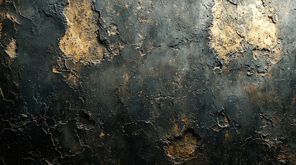 Obraz premium textured wall with vintage grunge appearance, featuring dark tones and patches of gold. surface shows signs of wear and age, creating unique and artistic backdrop