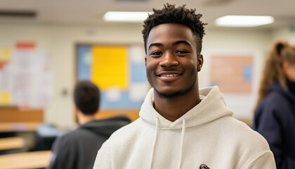 Obraz premium Smiling Male Student Standing In Classroom Poses For Photo, Capturing Youthful Energy And Enthusiasm For Learning.