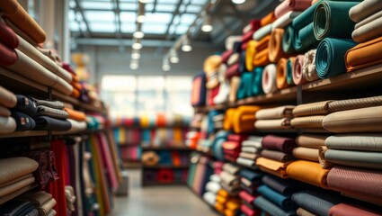 Obraz premium Fabric Store Interior. Rows of colorful rolled textiles displayed on shelves in a modern fabric store with natural lighting through skylight.
