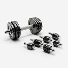 The image displays a comprehensive set of black metal dumbbells, each varying in weight, isolated on a pristine white background. This setup is perfect for showcasing fitness training equipment.