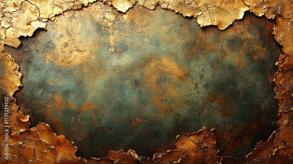 Poster textured wall with vintage grunge appearance, featuring peeling layers of gold and green paint, creating artistic and aged look. This background adds depth and character to any design