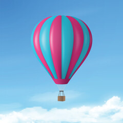 Vector Travel Banner with 3d Realistic Hot Air Balloon Icon on a Blue Sky Background. Design Template, Summer Vacation, Travelling, Tourism and Journey Concept