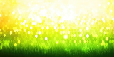 Obraz premium Abstract green bokeh with hexagonal patterns and grass foreground