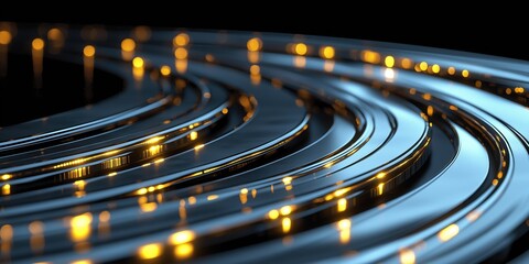 Fototapeta premium Abstract curved metallic lines illuminated by warm golden lights.