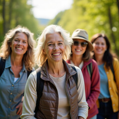 Obraz premium Women hiking together. Four smiling middle-aged women with backpacks enjoying a hike in a lush green forest, conveying camaraderie and outdoor adventure.