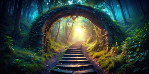 Naklejka premium Silhouetted figures ascend a mystical forest stairway, a secret path into a dark fantasy fairytale.