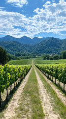 Fototapeta premium Italian Vineyard Rows, Mountain Landscape, Sunny Day, Winemaking.