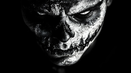 Obraz premium Ghastly skull makeup, intense stare, dark background, Halloween costume, horror film