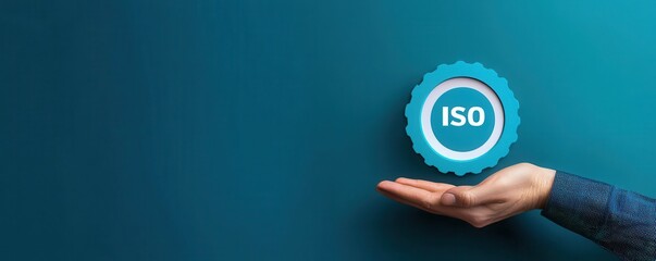A hand holds an ISO certification badge against a teal background, symbolizing quality standards and industry compliance.