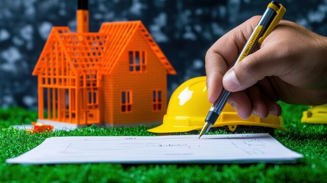 A hand holds a pen above a construction document, with a miniature orange house and a yellow hard hat on green grass, symbolizing home building and planning.