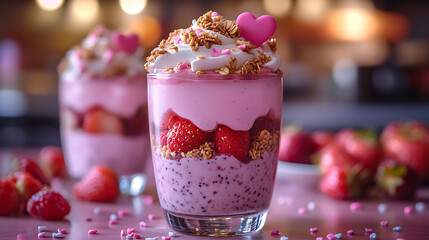 pink yogurt with a tiny heart-shaped chocolate