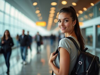 Fototapeta premium Young woman smiling at an airport terminal during the day while carrying a backpack and observing fellow travelers