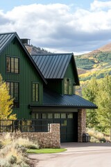 Obraz premium Beautiful green modern house surrounded by autumn trees and mountains under a cloudy sky in a serene rural setting during fall season